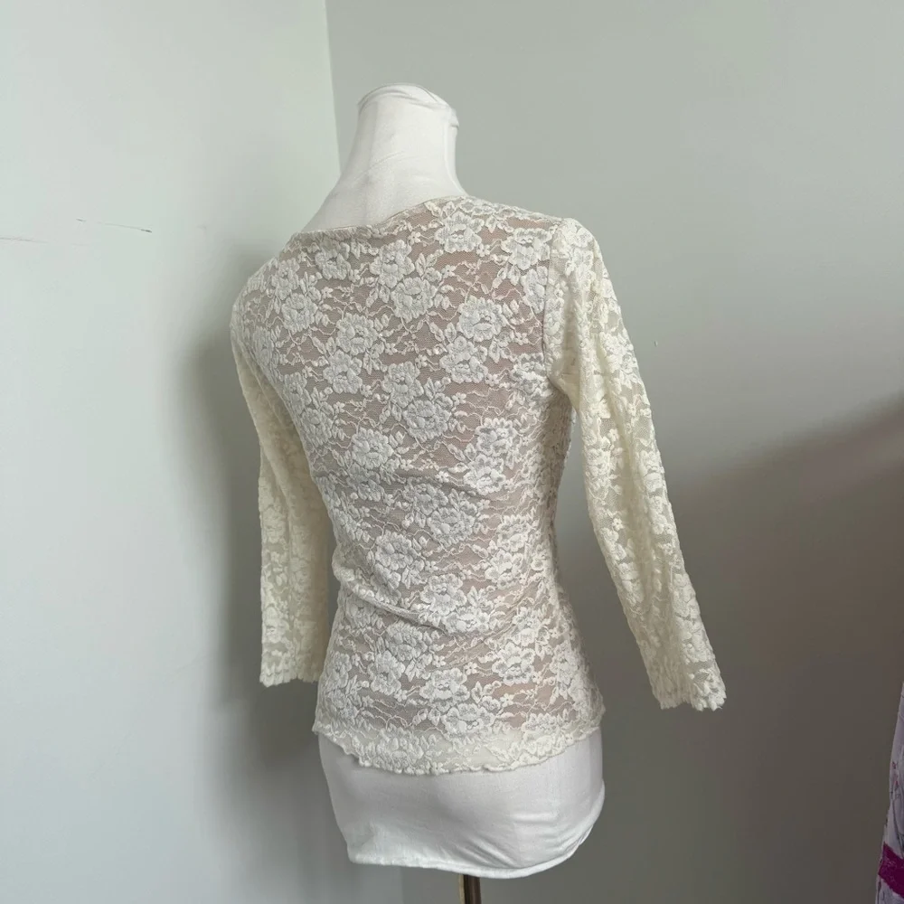 Vintage White Lace Mesh Top – Y2K Coquette Fairycore Romantic Blouse S - Picture 5 of 6